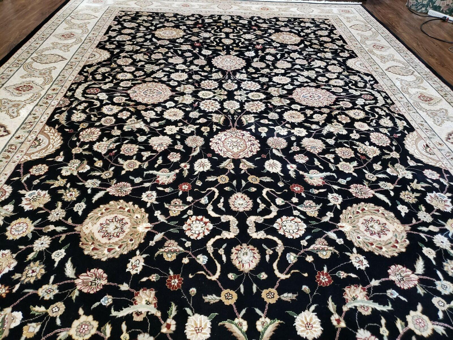 Vintage Wool Rug Oriental Floral Silk Highlights Black Handmade 8 Ft 5 In By 11 Ft 6 In