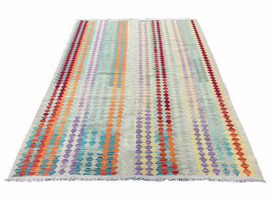 Colorful Kilim Rug 6x8 Turkish Flat Weave Wool Kilim Handmade Anatolian