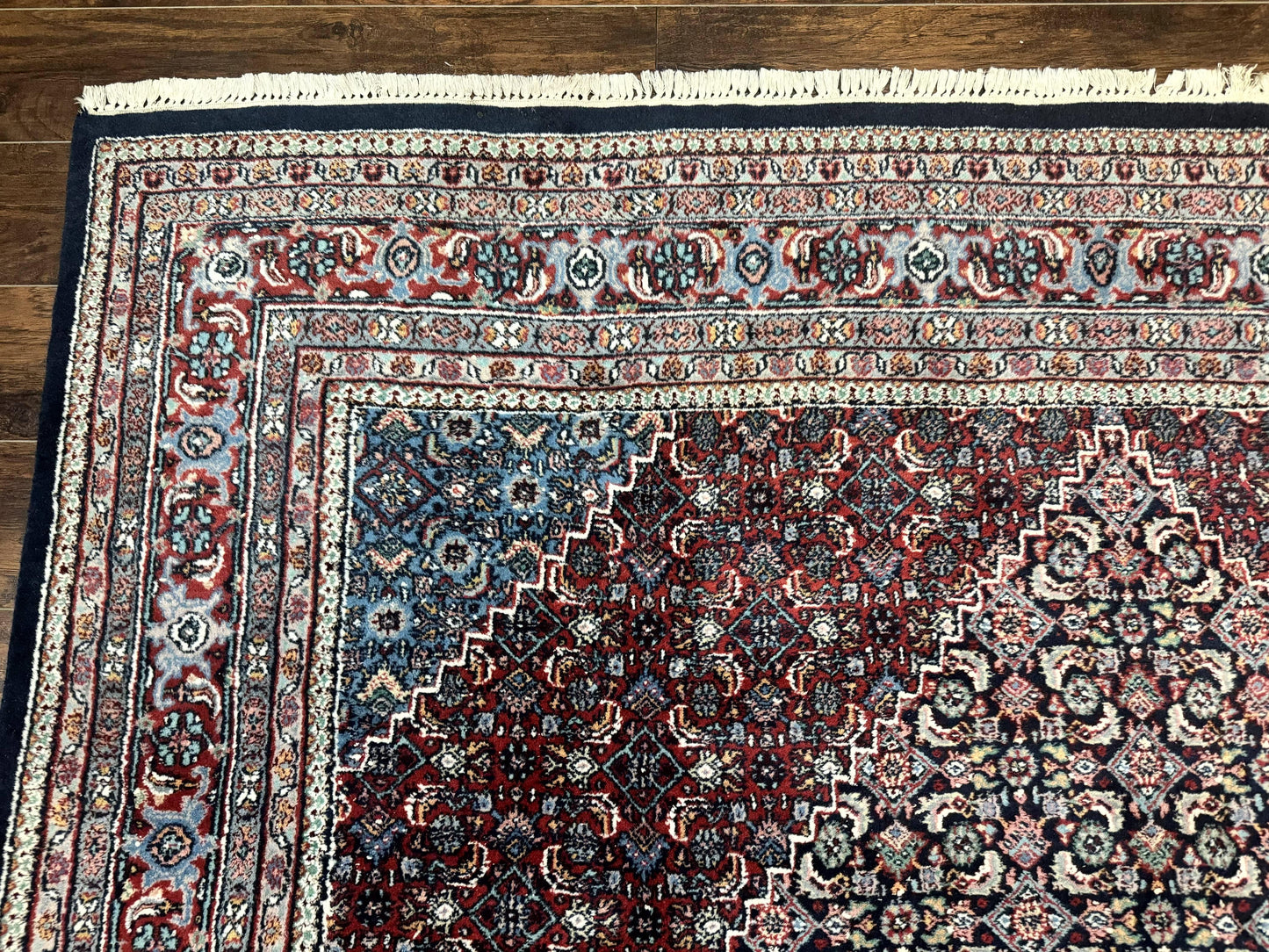 Indo Persian Bidjar Rug 8x11, Herati Mahi Pattern, Red Navy Blue, Handmade Vintage Wool Carpet