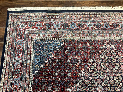 Indo Persian Bidjar Rug 8x11, Herati Mahi Pattern, Red Navy Blue, Handmade Vintage Wool Carpet