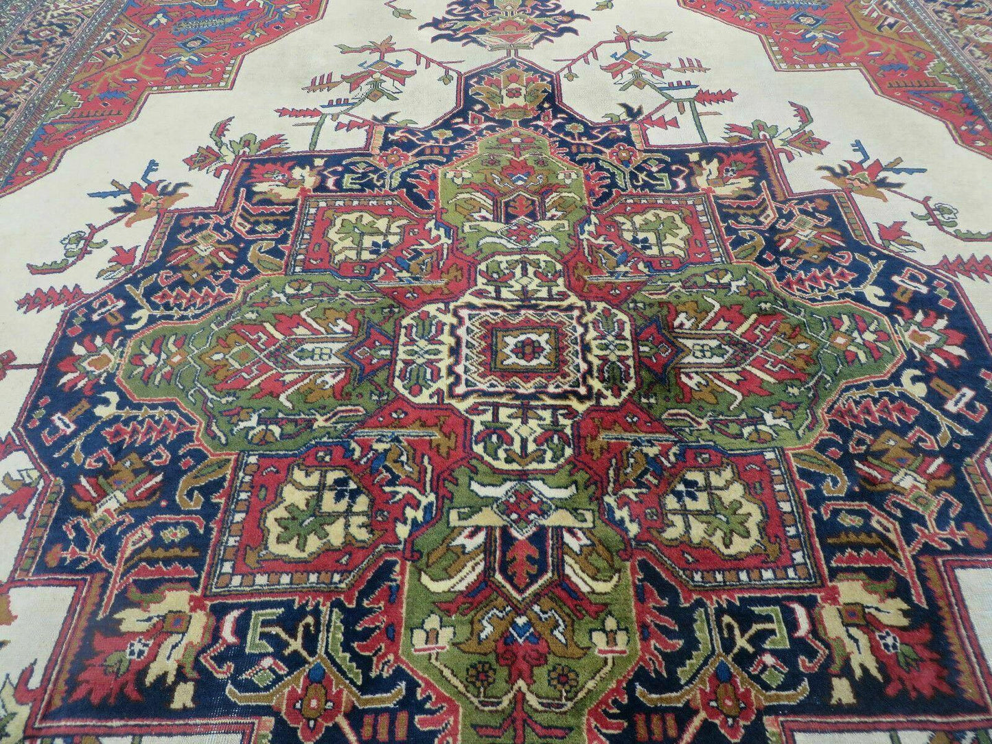 Persian Tabriz Rug 10x13 Oriental Carpet, Ivory Open Field, Geometric Medallion, Red Blue, Hand Knotted, Large Wool Area Rug Vintage Antique 1950s