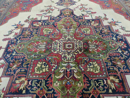 Persian Tabriz Rug 10x13 Oriental Carpet, Ivory Open Field, Geometric Medallion, Red Blue, Hand Knotted, Large Wool Area Rug Vintage Antique 1950s