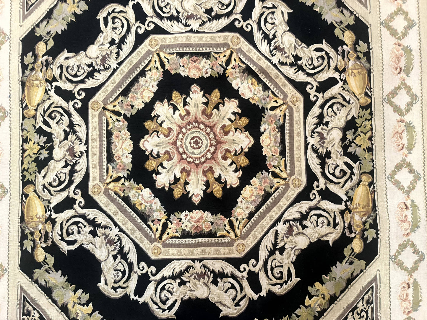 Vintage Aubusson Rug 6x8 Wool Hand Knotted European Design Lion Pictorial Black