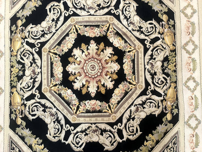 Vintage Aubusson Rug 6x8 Wool Hand Knotted European Design Lion Pictorial Black