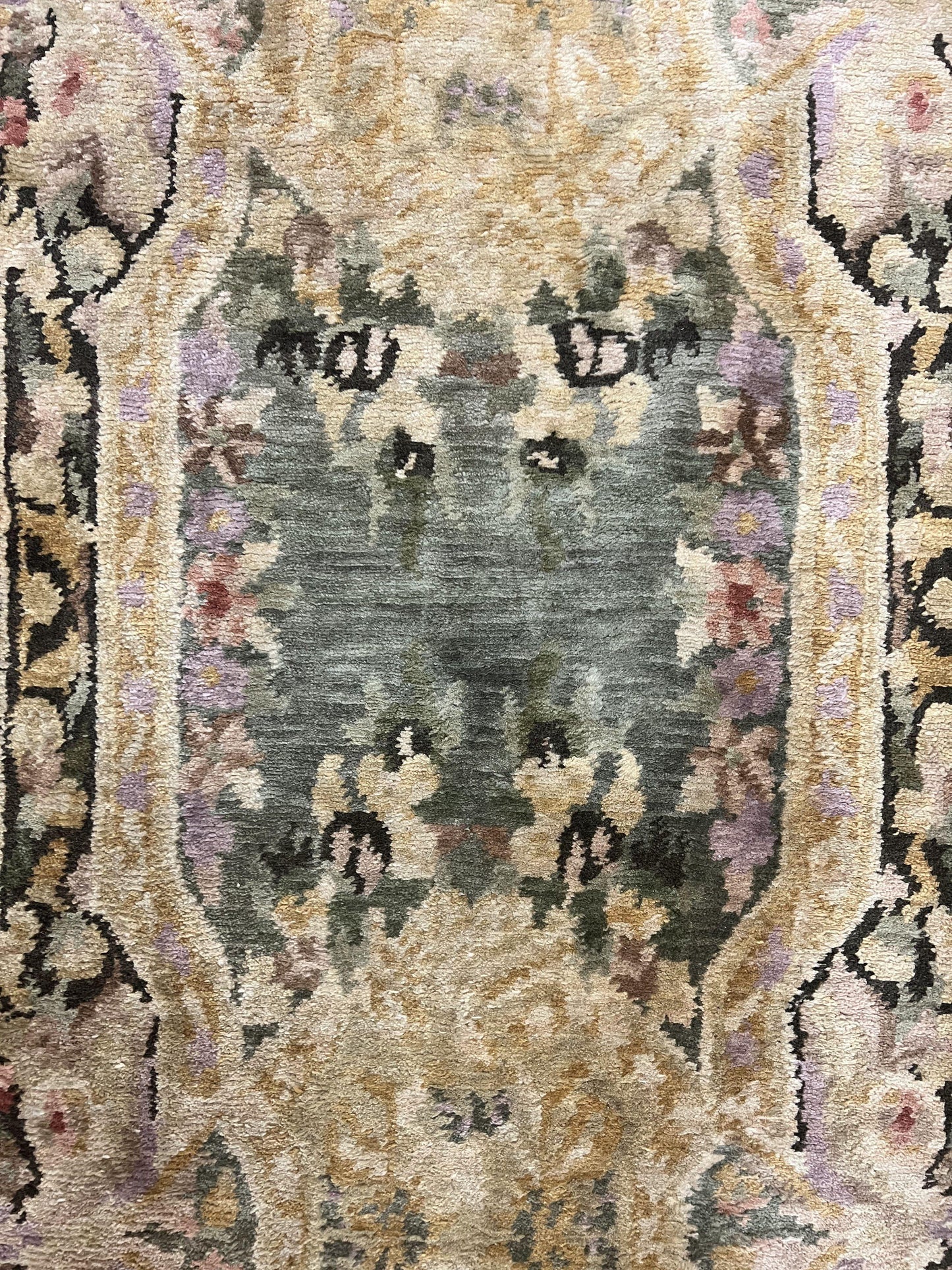 Tibetan Runner Rug 2.6 x 10, French Aubusson Pattern, Gold Olive Green, Vintage Handmade European Design, Wool Hallway Rug