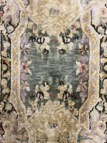 Tibetan Runner Rug 2.6 x 10, French Aubusson Pattern, Gold Olive Green, Vintage Handmade European Design, Wool Hallway Rug