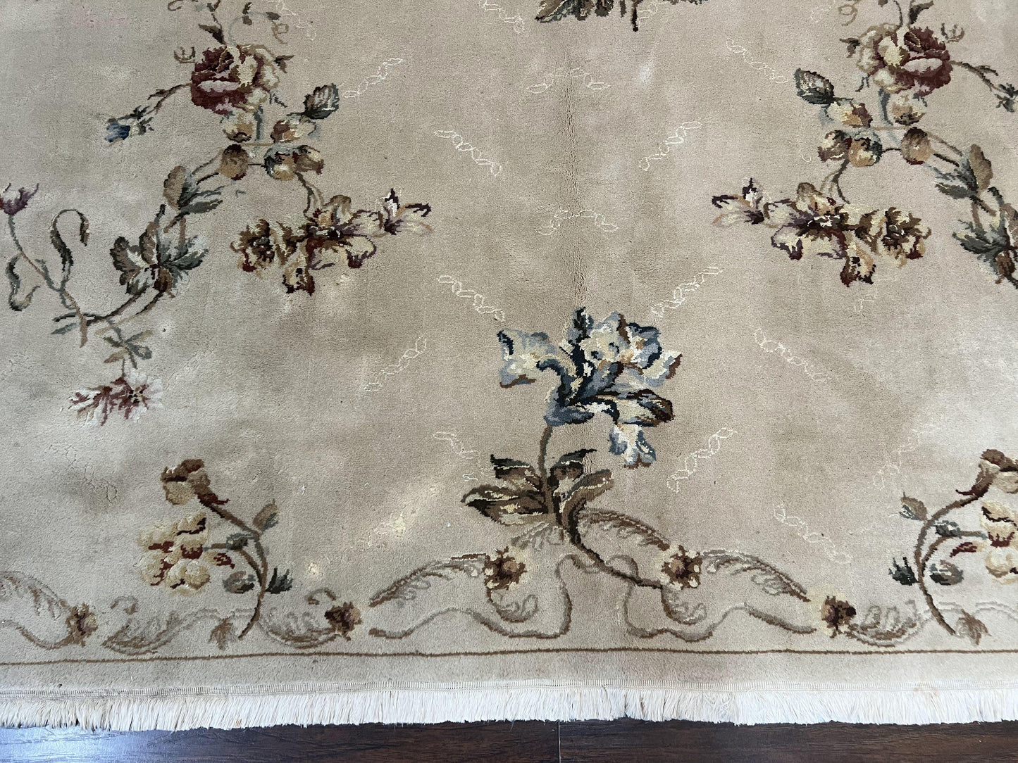 Handmade Chinese Aubusson Wool and Silk Rug 8x10 Vintage Beige Floral European Design