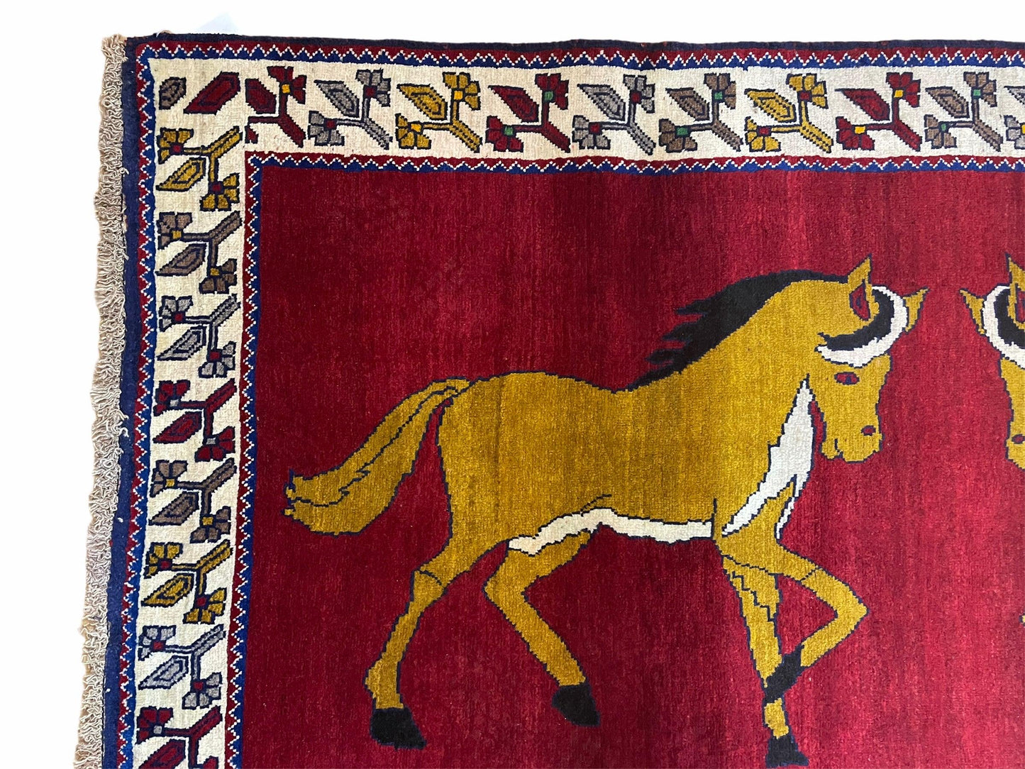 Handmade Hand Knotted Wool Rug Gabbeh 4x7 Horses Zagros Red Mustard Gold New
