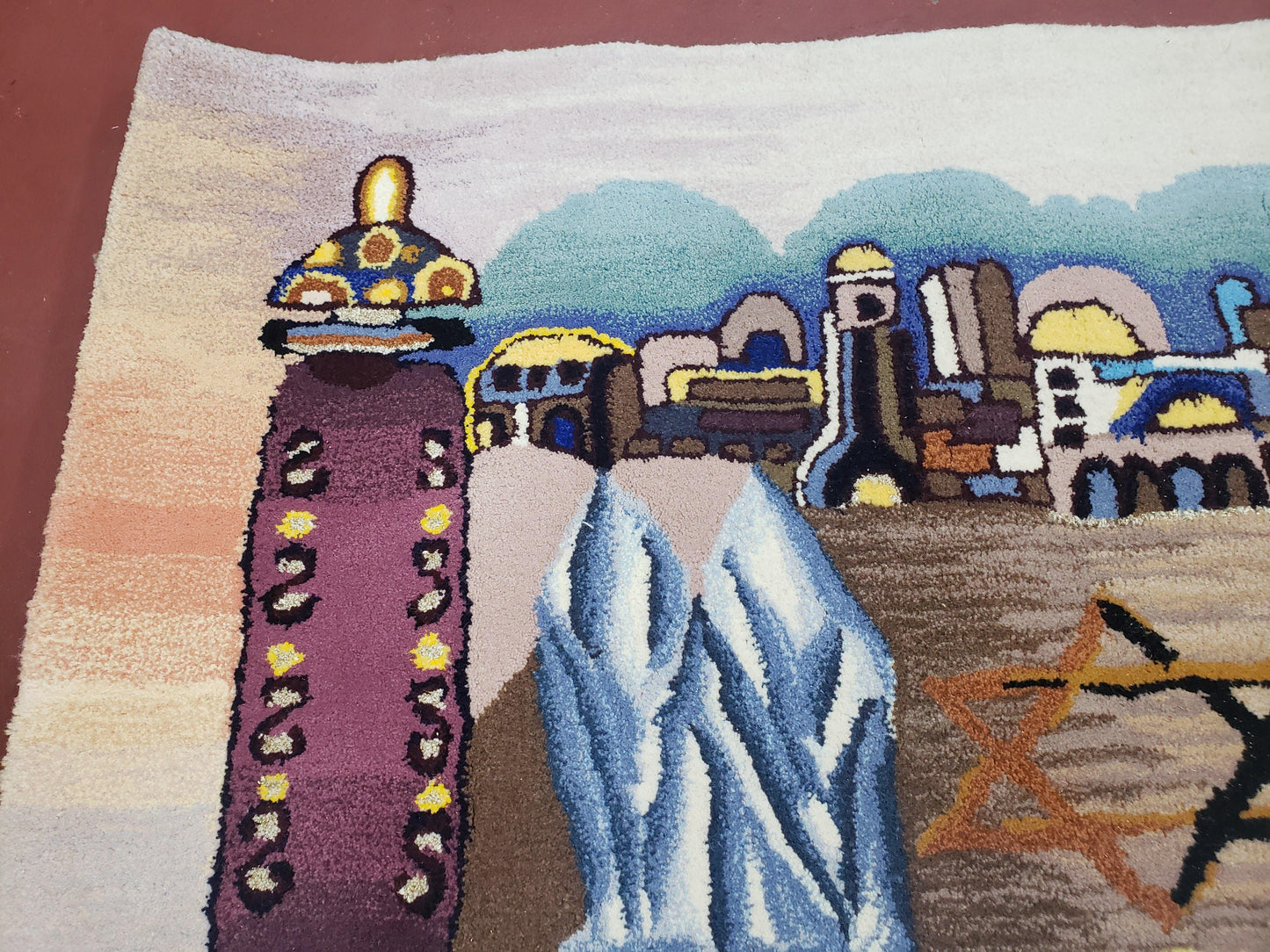 Vintage Judaica Pictorial Rug 3x5, Wool Hand-Tufted Israeli Signed Rug, Jerusalem Rug, Star of David Torah Scroll Verses, Chanuka Gift