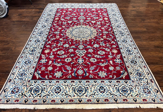 Persian Nain Rug 6x10, Wool and Silk Highlights, Red and Ivory, Floral Medallion, Vintage Handmade Hand Knotted, Fine 225 KPSI, Traditional Rug