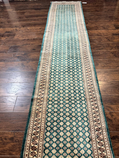 Long Pakistani Runner Rug 2.8 x 20, Hand Knotted Vintage Wool Hallway Rug, Turkoman Rug, Teal and Tan, Handmade Vintage Wool Runner