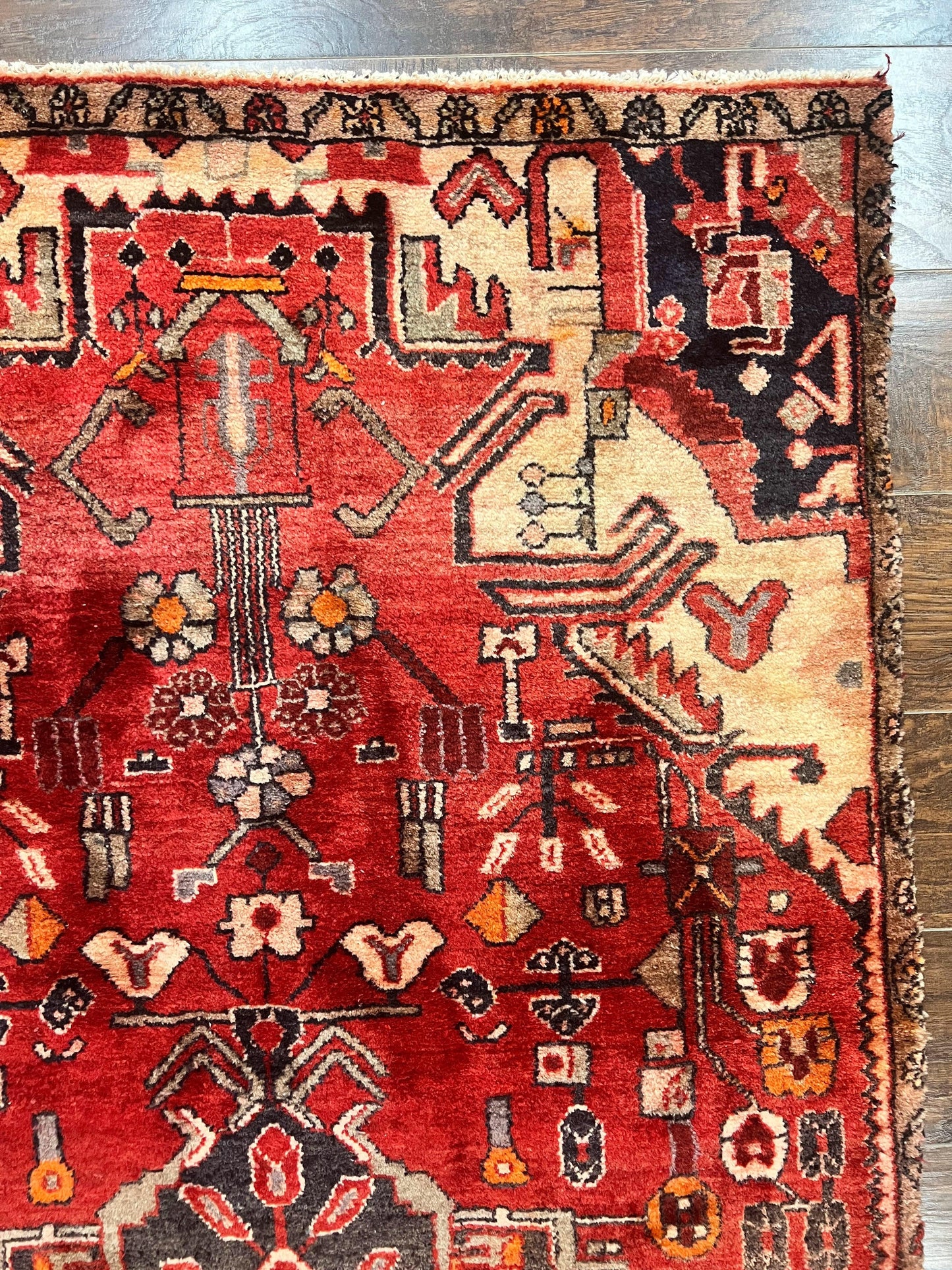 Antique Persian Tribal Rug 4 x 8, Geometric Medallion, Boho Rug, Wool Handmade Rug, Red 4x8 Rug, Persian Hamadan Rug