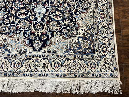 Persian Nain Rug 4x6, Floral, Hand Knotted Vintage Wool & Silk Highlights, Signature from Masterweaver, Navy Blue and Ivory