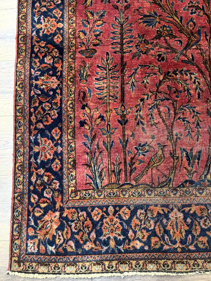 Antique Persian Tree of Life Rug 3x5, Manchester Wool, Bird Pictorials, Fine 240 KPSI, Red Navy Blue