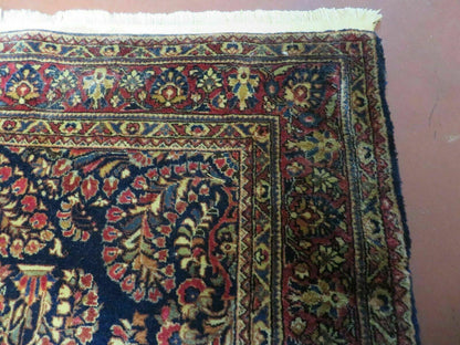 Antique Persian Sarouk Rug 4x6 Hand Knotted Wool Floral Oriental Carpet Navy And Red