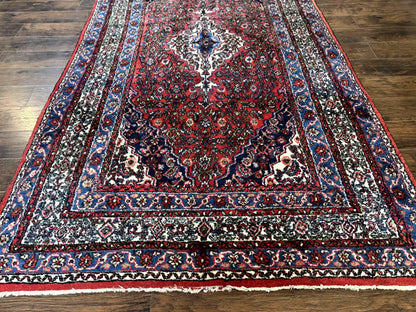 Persian Tribal Rug 6x11, Red Blue Ivory, Antique Persian Carpet, Hamadan Dargazin Carpet