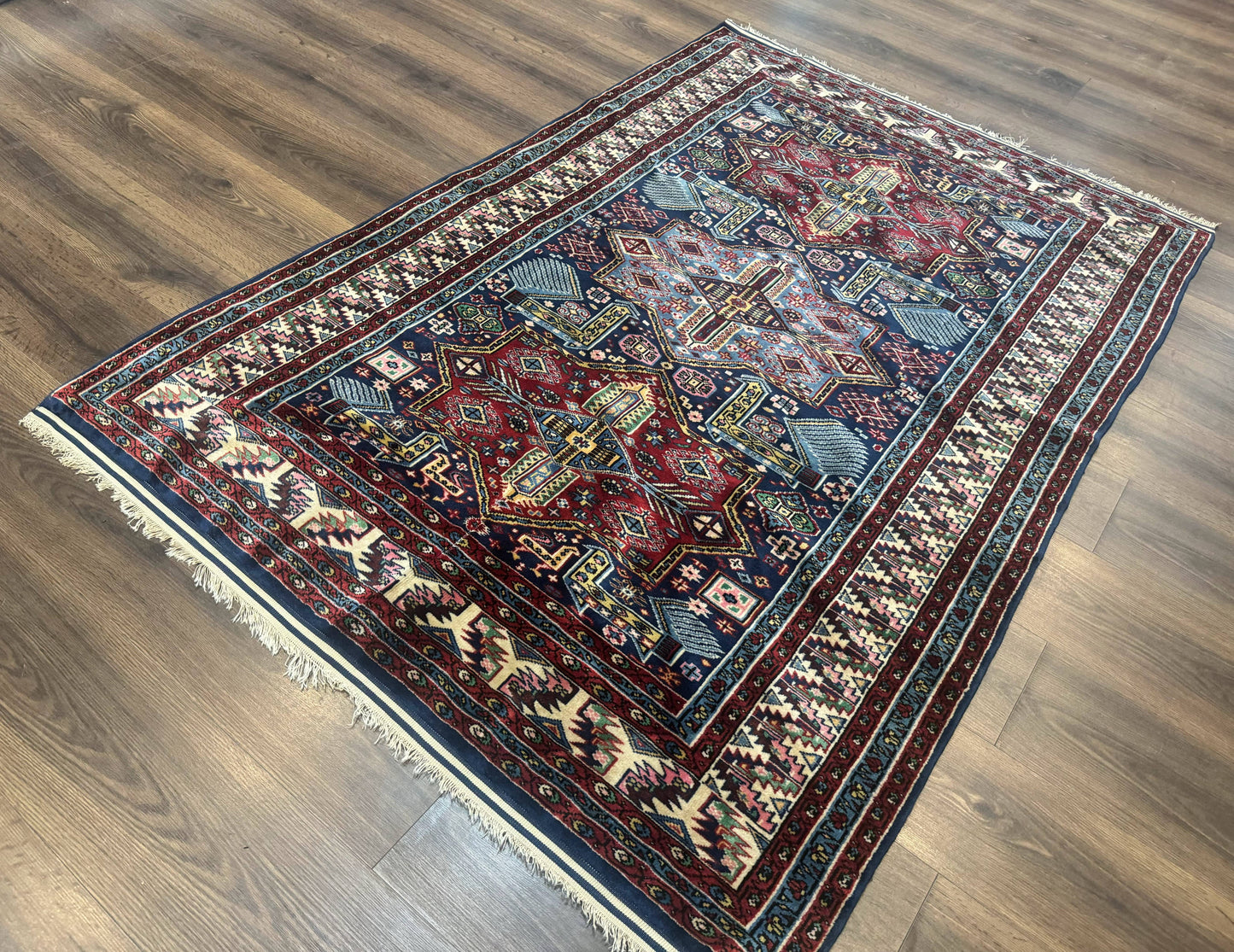 Indian Rug with Caucasian Design, 4x6 Geometric Carpet, Navy Blue and Cream