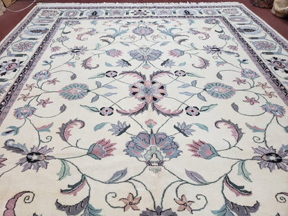 Ivory & Teal Indo Persian Area Rug 9x12, Wool Hand-Knotted Oriental Carpet, 9 x 12 Soft Traditional Living Room Rug, Dining Room Rug