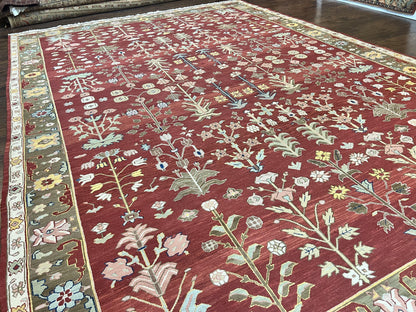 Indian Rug 10x14, Wool Hand Knotted Flatweave Carpet, Tree of Life, Red and Green