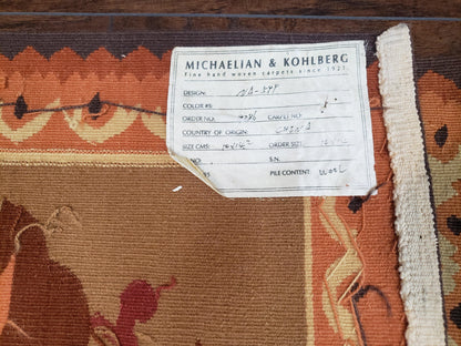 Vintage Chinese Aubusson Savonnerie Flat Pile Rug 9.9 x 14.5 Wool Handwoven Red & Khaki Large Flowers Rug 9x14 - 10x15 Michaelian Kolhberg