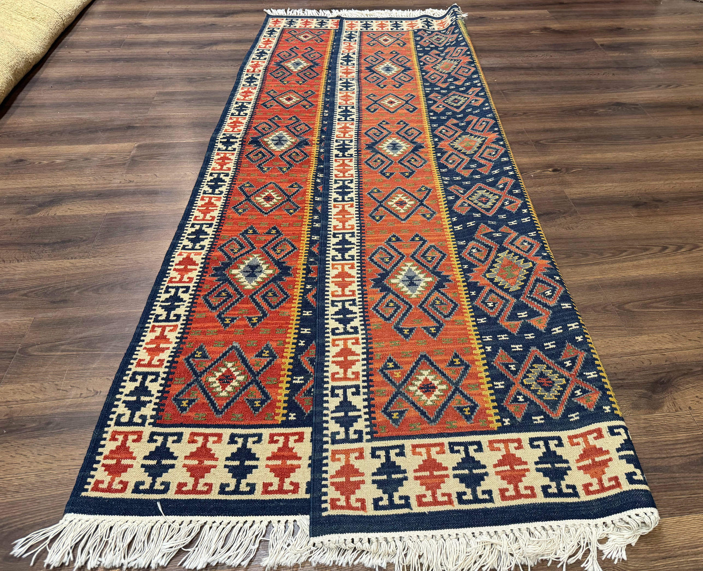 Turkish Kilim Rug 5x8 Handmade Flatweave Bohemian Carpet Terracotta Navy