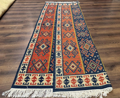 Turkish Kilim Rug 5x8 Handmade Flatweave Bohemian Carpet Terracotta Navy