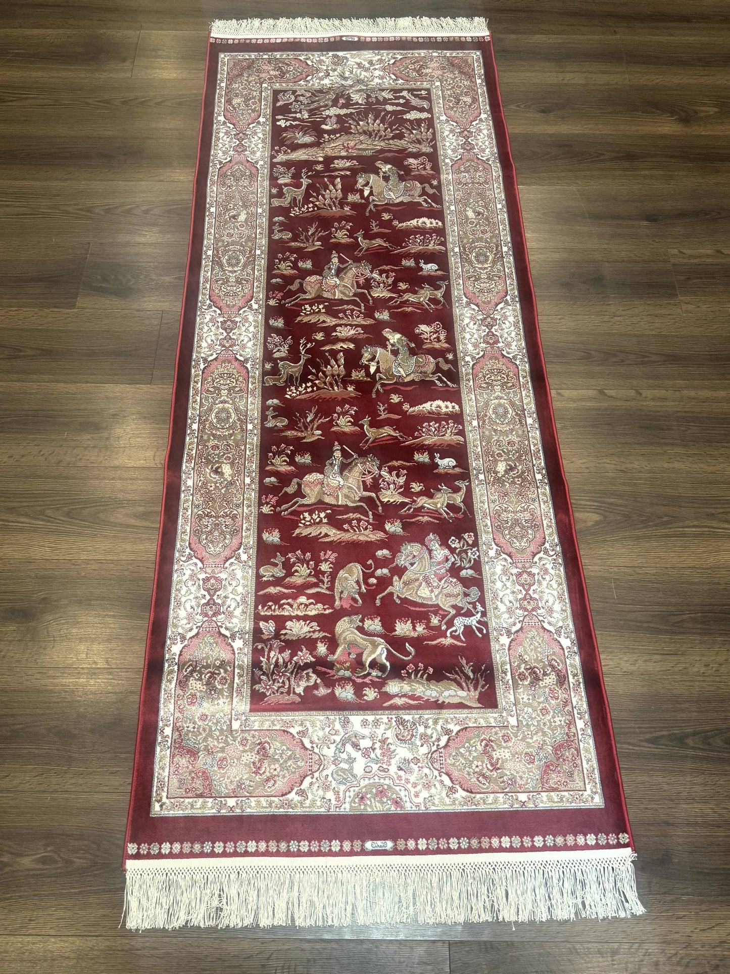 Turkish Silk Rug 2.6 x 6.7, Hunting Design, Short Runner Rug, Red & Ivory, Bamboo Silk, New