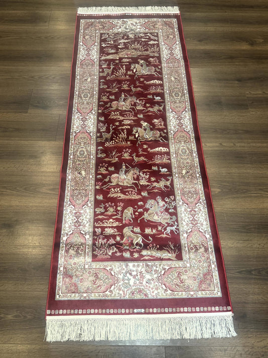 Turkish Silk Rug 2.6 x 6.7, Hunting Design, Short Runner Rug, Red & Ivory, Bamboo Silk, New