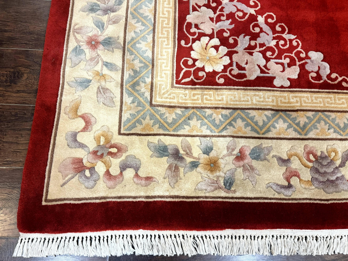 Chinese Wool Rug 8.6 By 11 Vintage Handmade Carved Chinese Oriental Carpet Plush Pile Semi Open Field