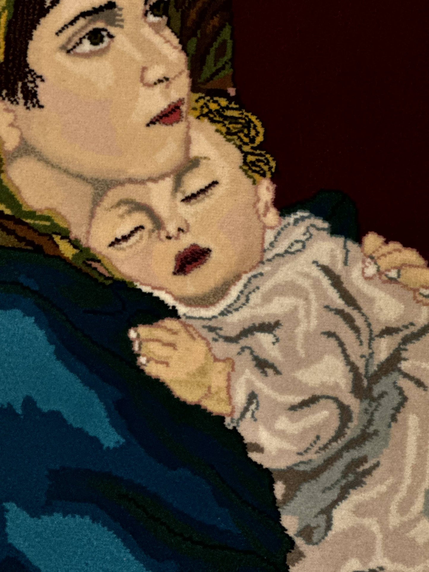 Small Persian Tabriz Pictorial Rug 2x2, Mother Holding Child, Very Fine 340 KPSI, Maroon