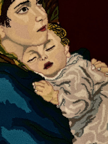 Small Persian Tabriz Pictorial Rug 2x2, Mother Holding Child, Very Fine 340 KPSI, Maroon