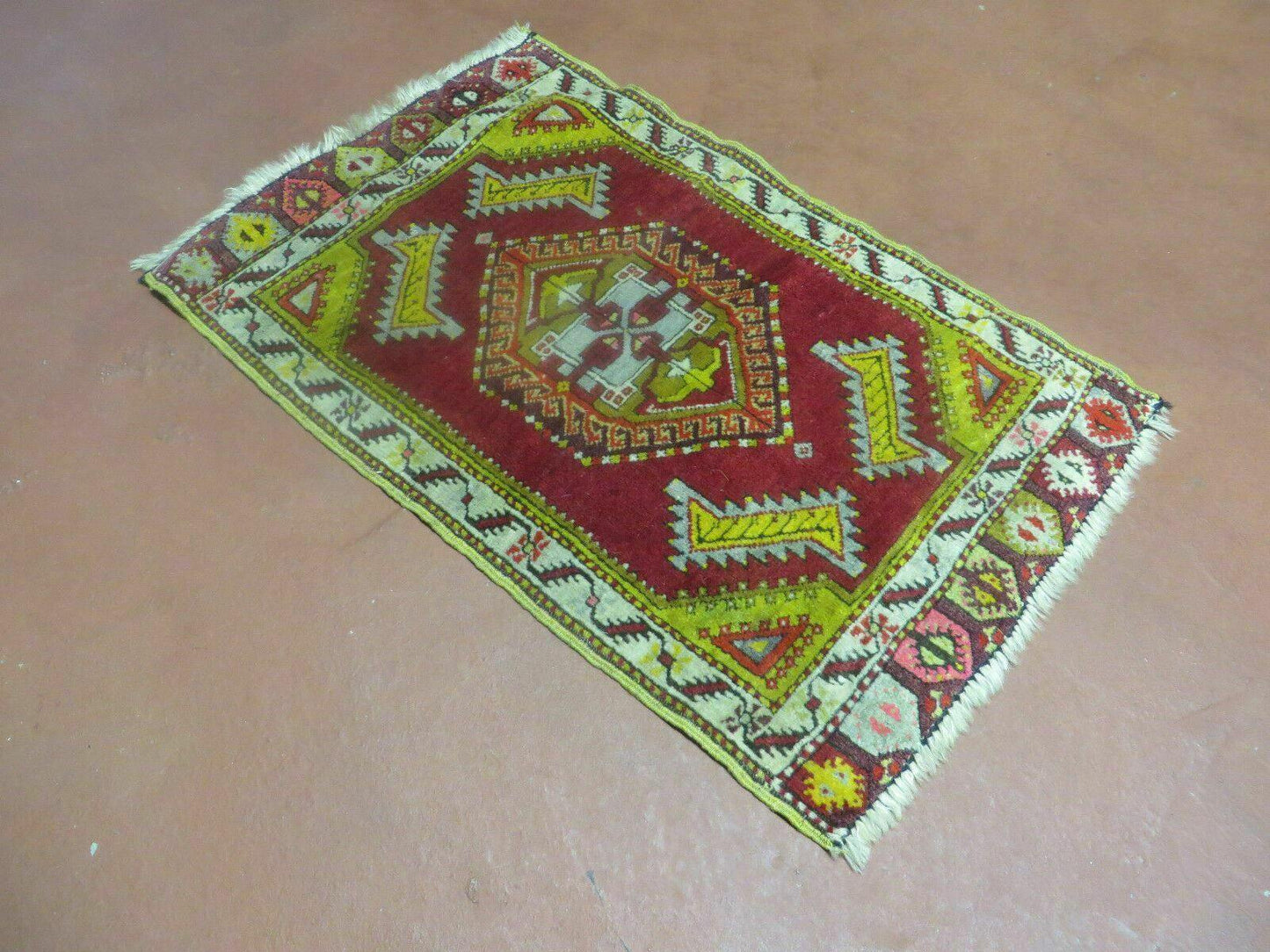 Antique Turkish Yastik Rug 2x3 Handmade Wool Oushak Red Oriental Carpet