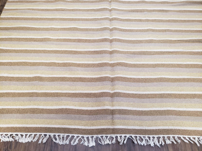 New Indian Striped Blanket, Multicolor Earthern Tones Kilim Rug, Wool Handmade South American Style Blanket, Queen Sized Bedspread 5x8 - 6x8