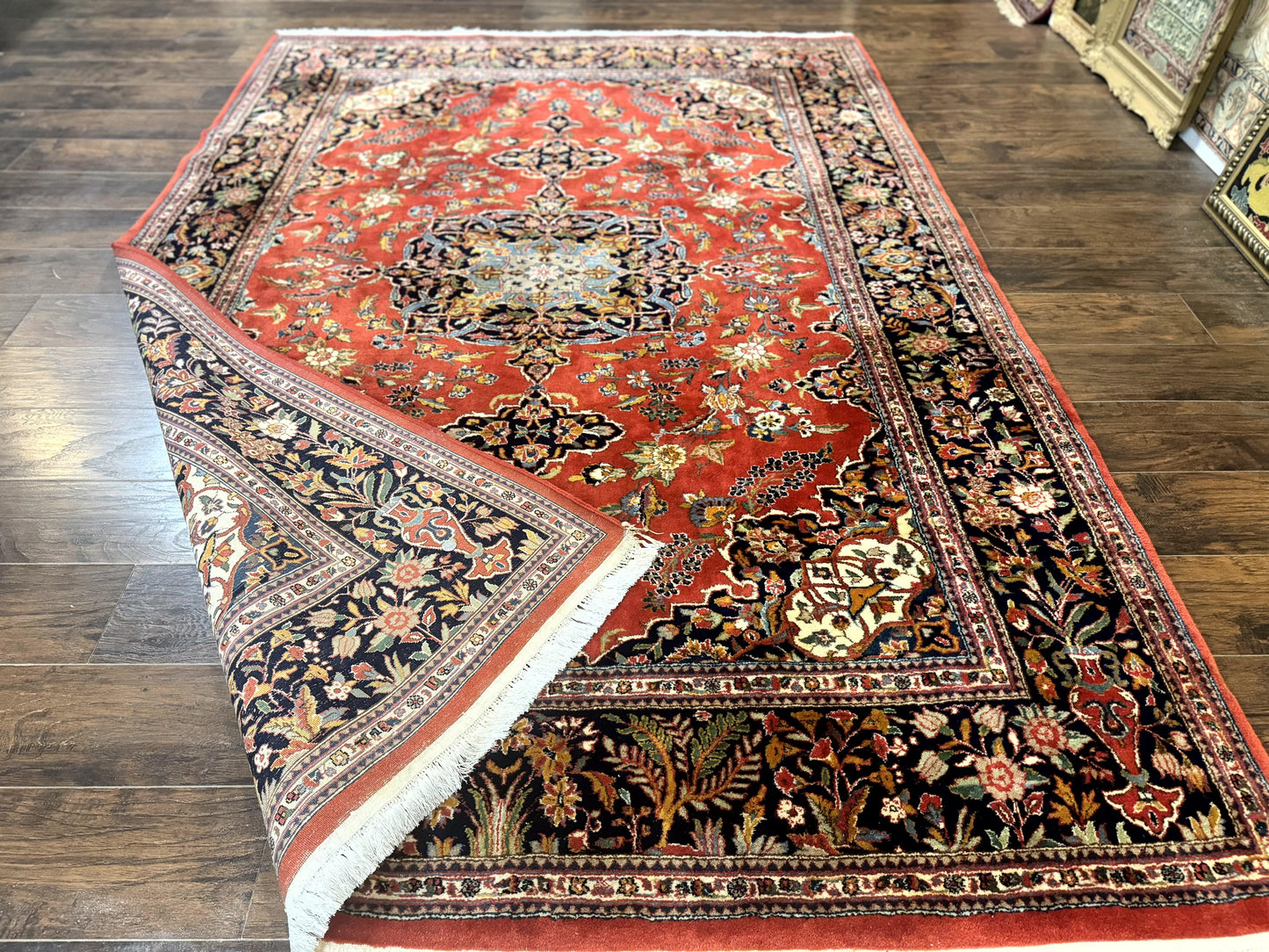 Indo Persian Rug 7x10 Vintage Handmade Wool Carpet Floral Medallion Red And Midnight Blue