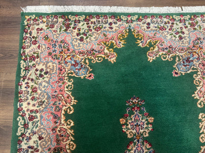 Green Persian Kerman Rug 4x6 Vintage Semi Open Field With Cream Borders