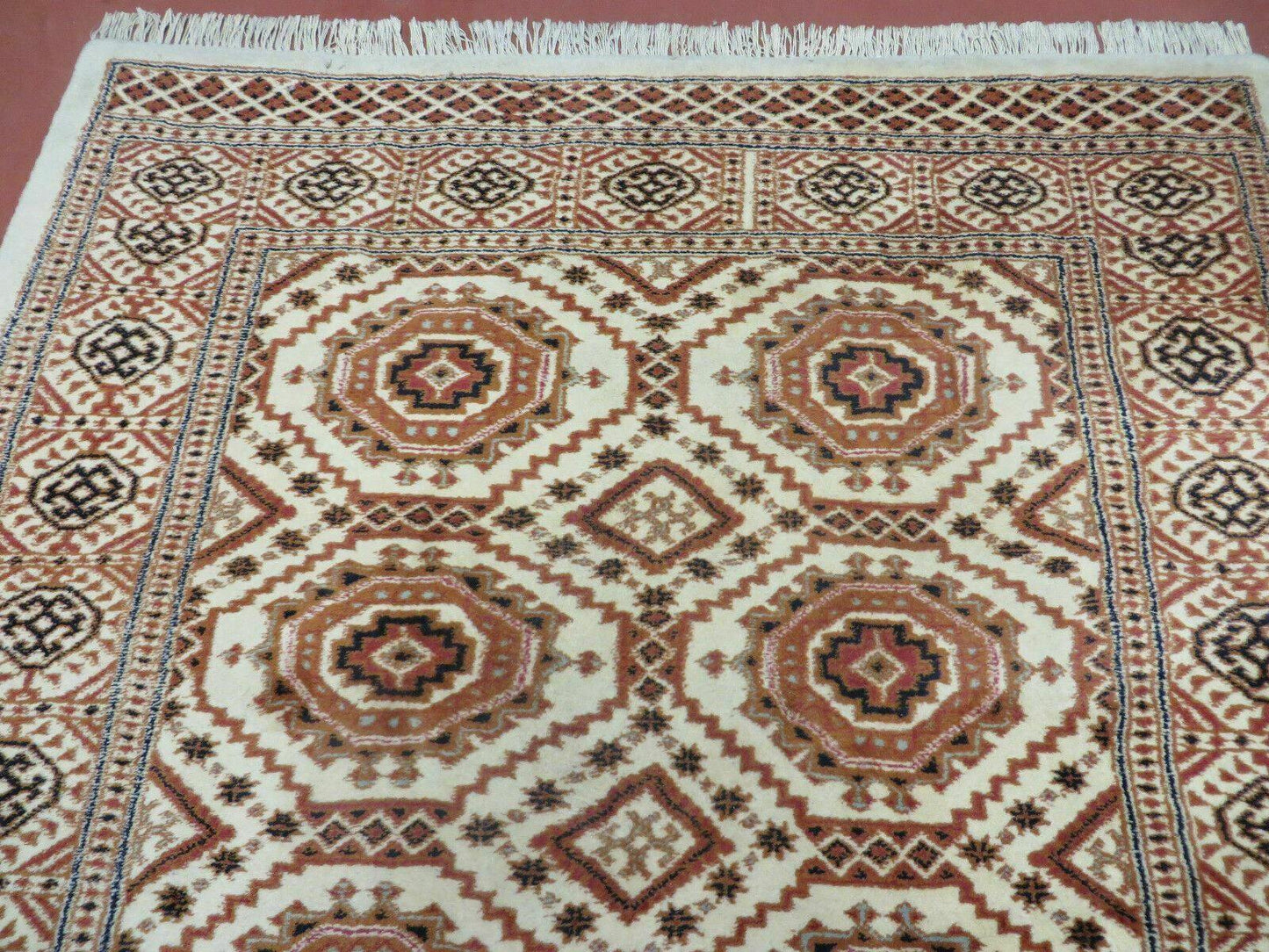 Vintage Turkoman Bokhara Wool Rug 4x7 Handmade Pakistani Ivory