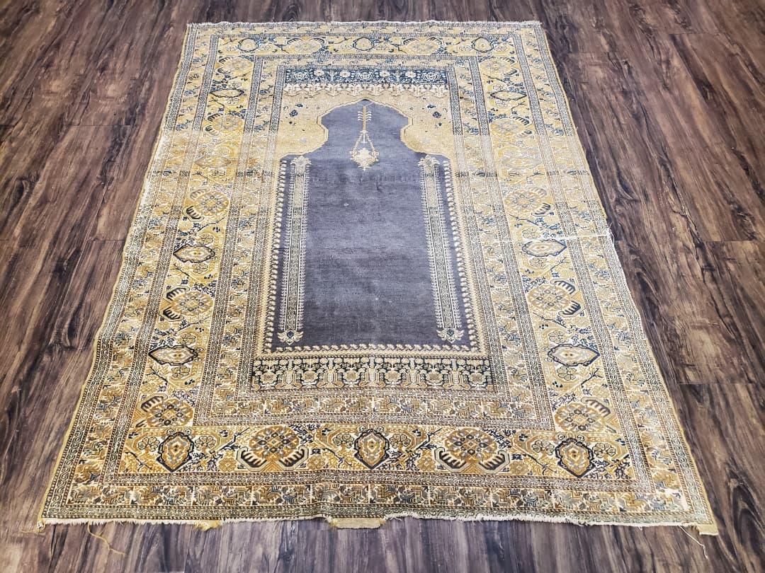 Rare Turkish Ghiordes Prayer Rug 4 x 5.8 ft, Late 19th Century Turkish Oriental Carpet, Mehrab Antique Prayer Rug, Museum Quality, Blue, Tan