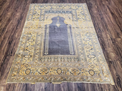 Rare Turkish Ghiordes Prayer Rug 4 x 5.8 ft, Late 19th Century Turkish Oriental Carpet, Mehrab Antique Prayer Rug, Museum Quality, Blue, Tan