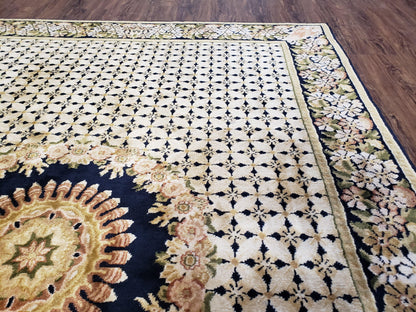 Indo Tibetan Wool Rug Handmade 6x8 Floral Border In Black Cream