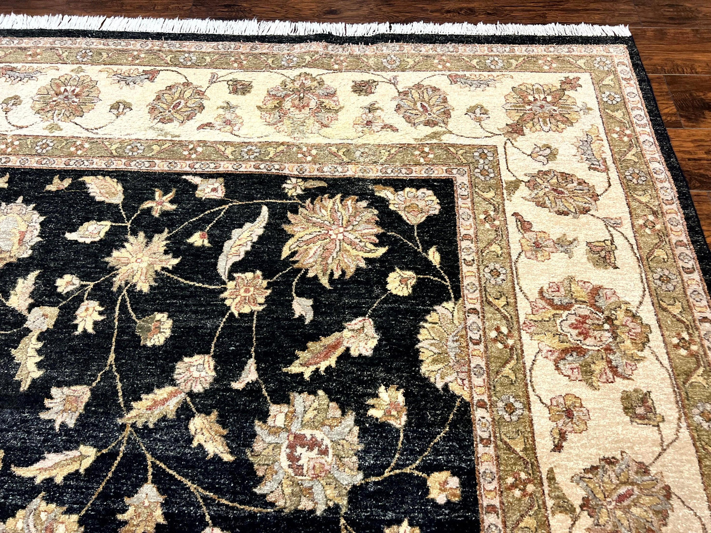 Indo Persian Rug 10x14, Charcoal and Beige, Floral Allover, Handmade Vintage Wool Carpet