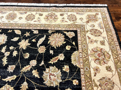 Indo Persian Rug 10x14, Charcoal and Beige, Floral Allover, Handmade Vintage Wool Carpet
