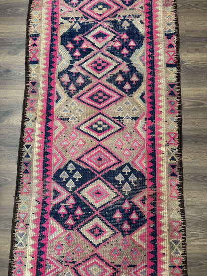 Turkish Runner Rug 3x10, Pink and Navy Blue, Bohemian Runner for Hallway or Kitchen, Vintage, Geometric, Tribal