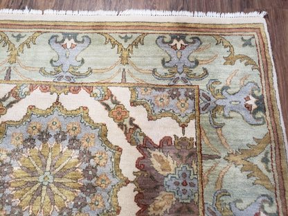 Indo Sultanabad Area Rug 8 x 9.5, Wool Hand-Knotted Ivory Green Teal Decorative Rug, Floral Panel Carpet, Indian Rug, 8 x 10 Bedroom Rug
