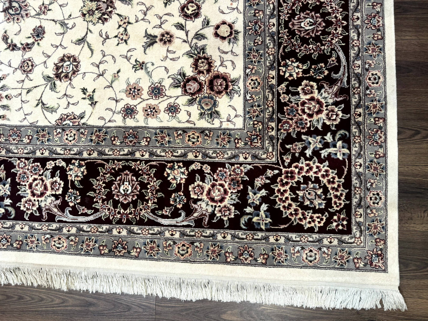 Sino Persian Rug 9x12 Hand Knotted Wool Silk Highlights Floral Allover Ivory And Dark Maroon