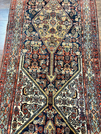 Antique Persian Runner Rug 3.7 x 15.8, Navy Blue Multicolor, Hand Knotted Handmade Wool Rug for Hallway, Geometric Medallions, Persian Hamadan Rug