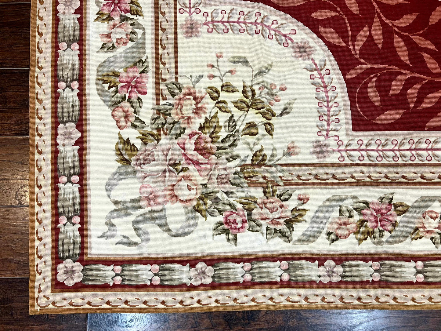 Aubusson Rug Handmade Vintage Needlepoint Carpet 9x12 Red Ivory Wool Elegant European Design