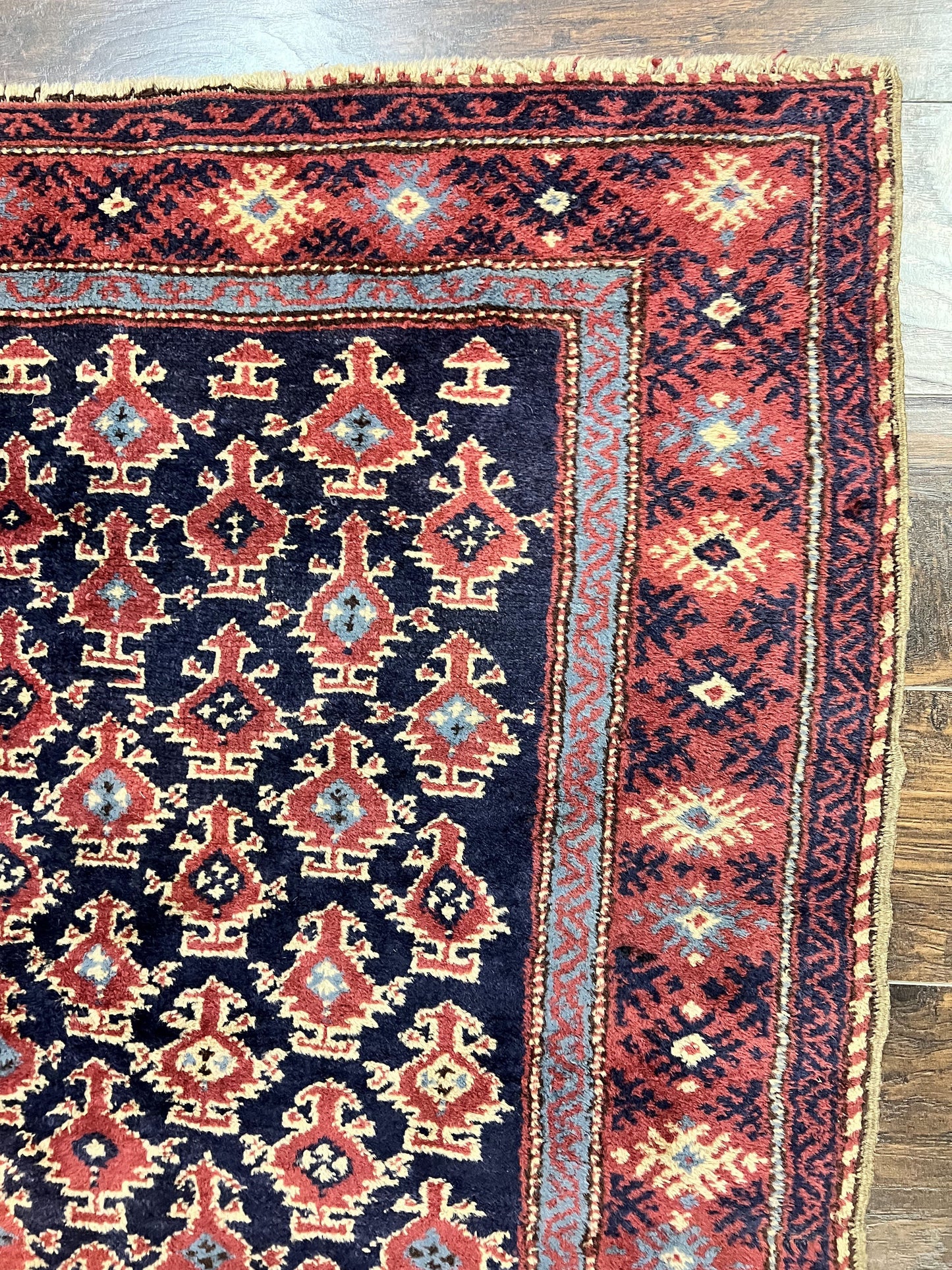 Turkish Sparta Rug 3x4, Allover Pattern, Navy Blue and Red, Antique Ispara Oriental Carpet 3 x 4, Small Turkish Handmade Vintage Wool Rug