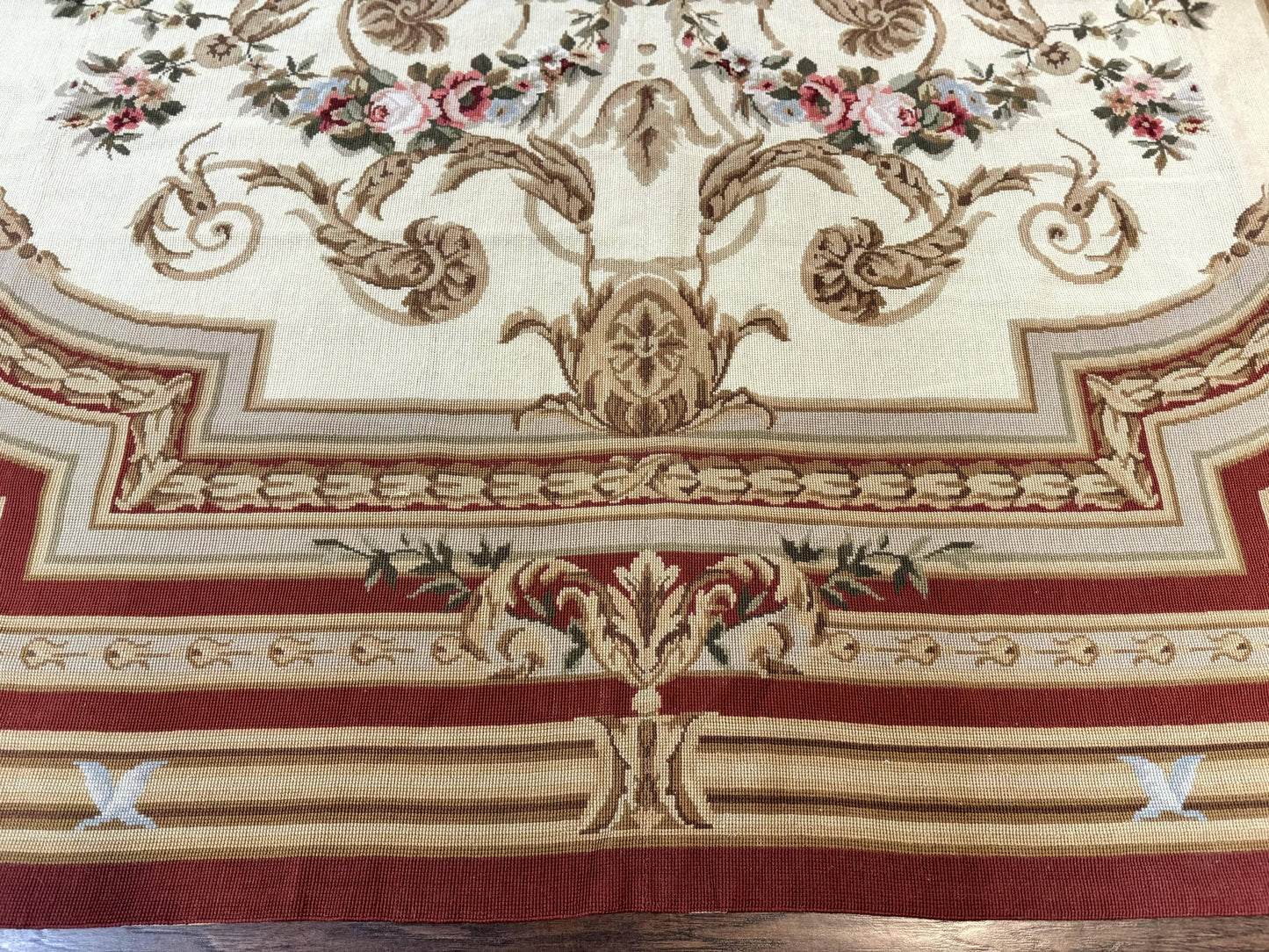 Elegant Aubusson Needlepoint Rug 9x11 Handmade Wool Flatweave Floral Cream