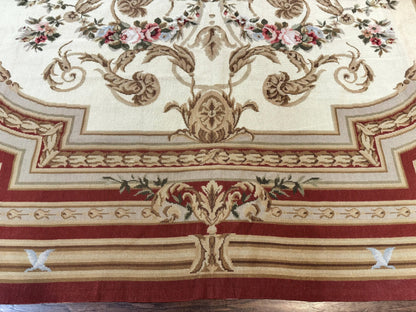 Elegant Aubusson Needlepoint Rug 9x11 Handmade Wool Flatweave Floral Cream