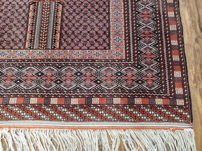 Vintage Turkoman Bokhara Rug 4x6, Four Seasons Pakistan Bukhara Turkmen Engsi Yamud Carpet, Fine Tribal Rug, Wool, Hand-Knotted, Brown, Nice